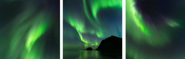 Tiptych print set of the aurora borealis in the Lofoten Islands in Norway