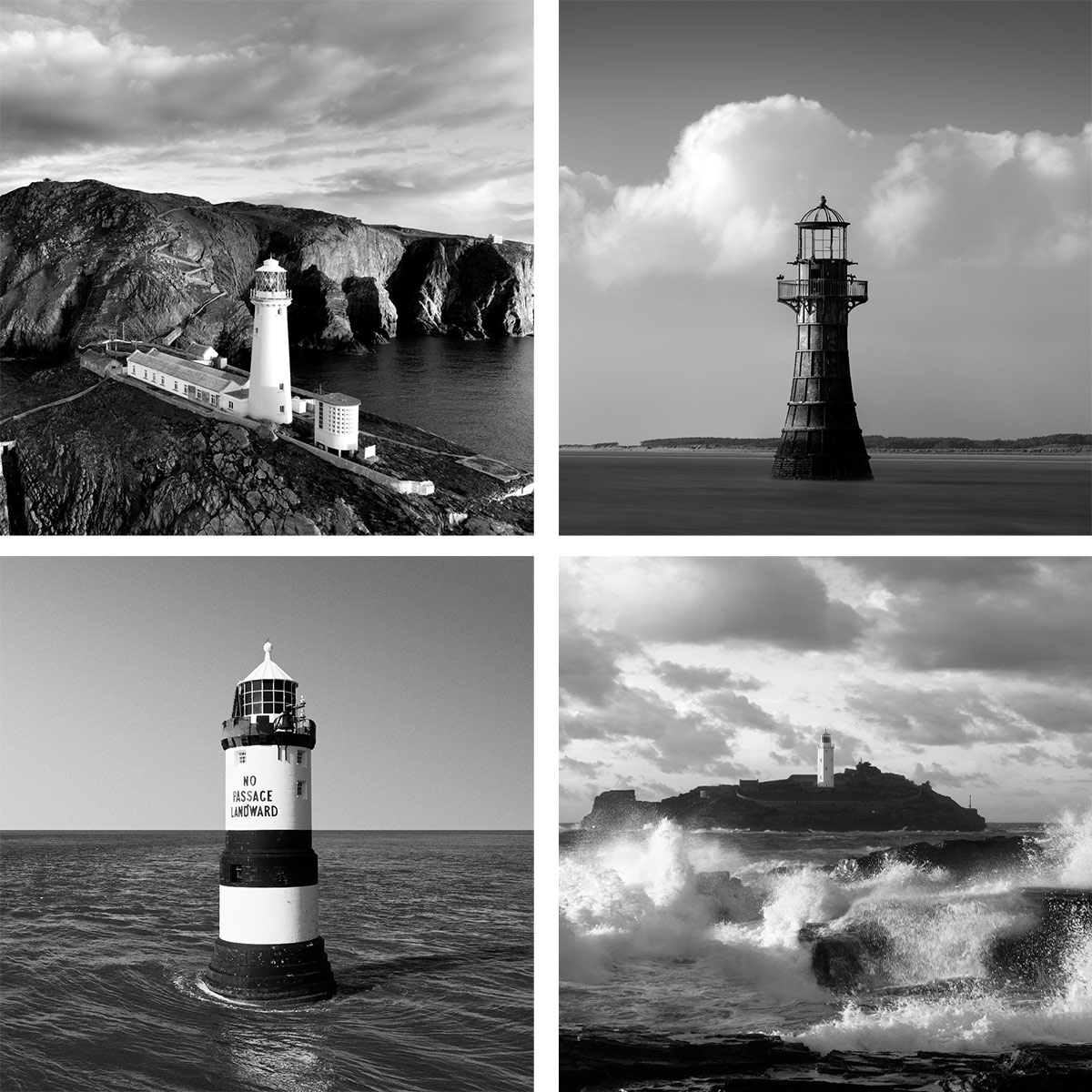 Quad photo set of British lighthouses black and white