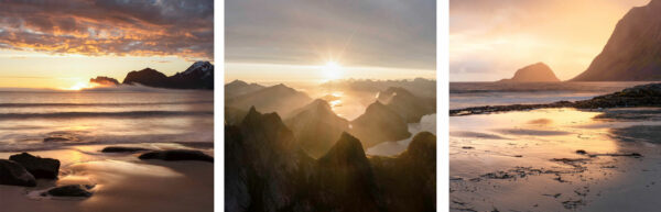 Lofoten Islands midnight sun triptych photo set