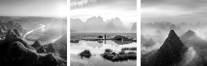 Triptych photo set of the Guiin mountains in china in black and white